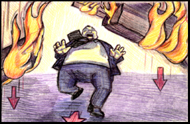 fire falls in front of him